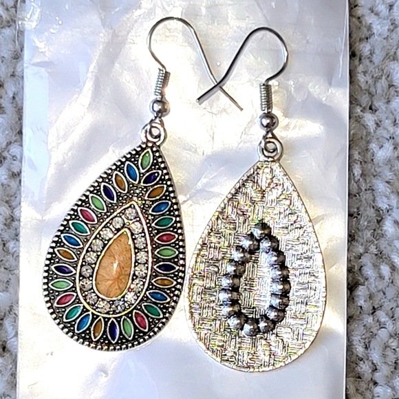 BOHO Silver Earrings Rhinestone Earrings Silver Drop Earrings Teardrop Earrings - Picture 4 of 5